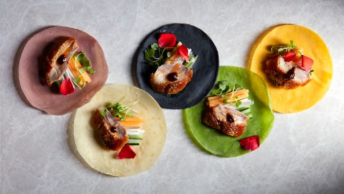 golden-roasted-duck-with-rose-fermented-bean-sauce-and-rainbow-pancakes